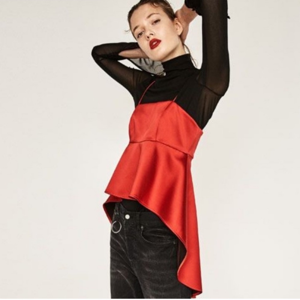ZARA - RED SATIN PEPLUM TOP HIGH LOW SPAGHETTI STRAP